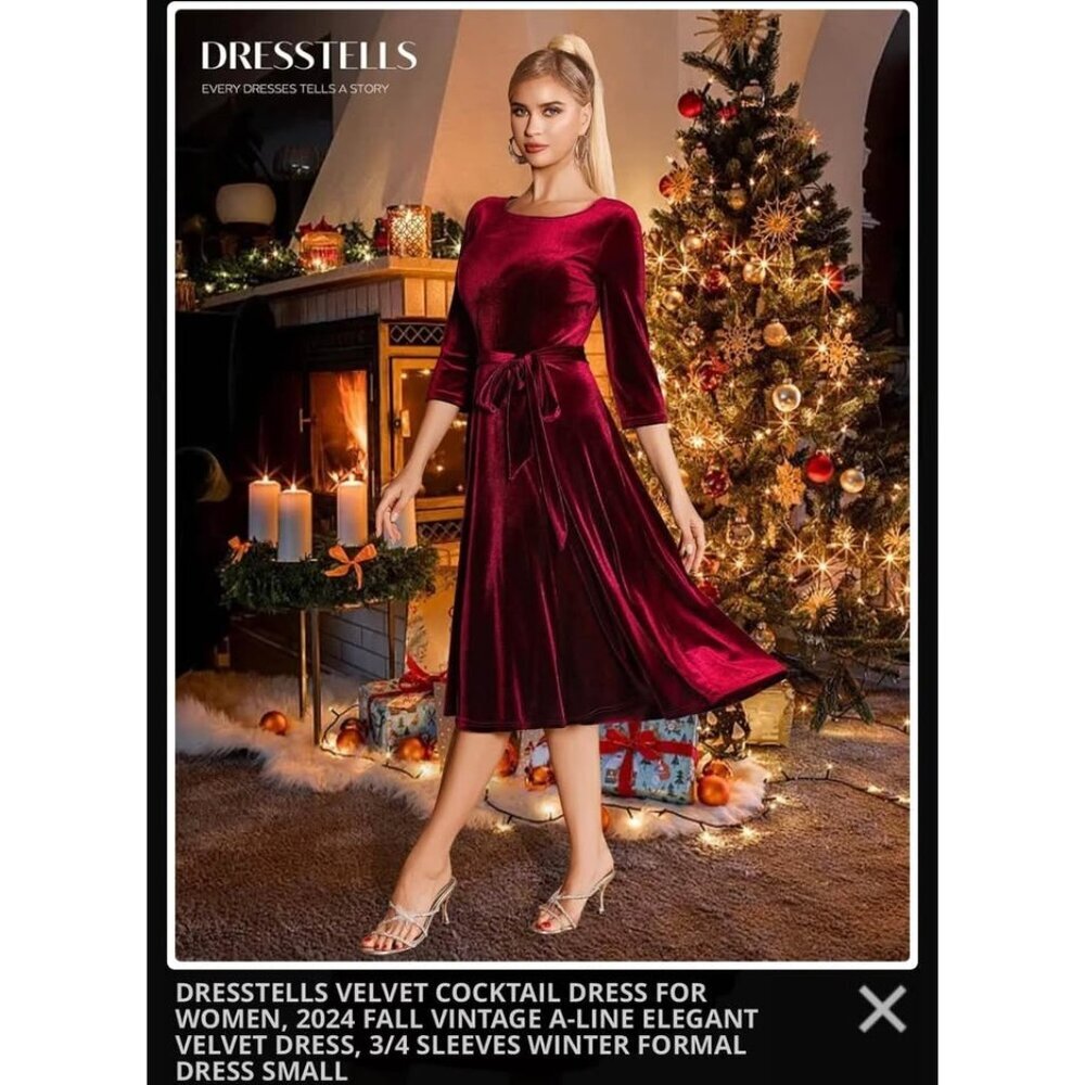 New DRESSTELLS Red Velvet A-Line Dress 3/4 Sleeves Small - Picture 4 of 4